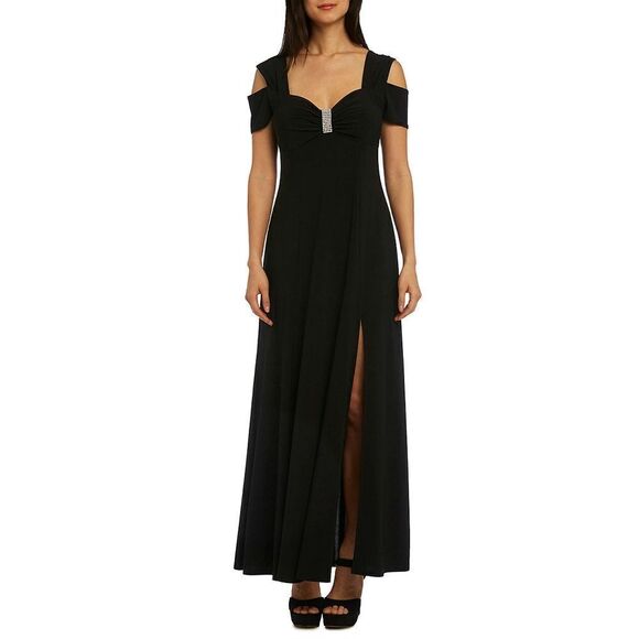 New! R&M RICHARDS Cold-Shoulder Gown Black Dress Plus Size Rhinestone Trim - Picture 4 of 8